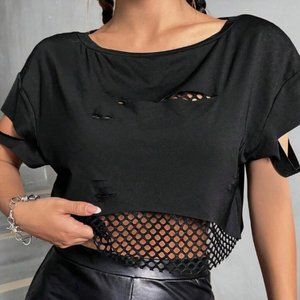 SHEIN ICON Solid Cut Out Fishnet Insert Drop Shoulder Crop Tee